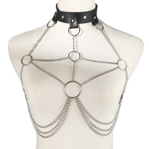 Silver Body Chain Necklace with Black Collar